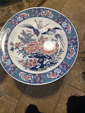Vintage Decorative Porcelain Wall Plate with Blue and Pink Floral Bird Design